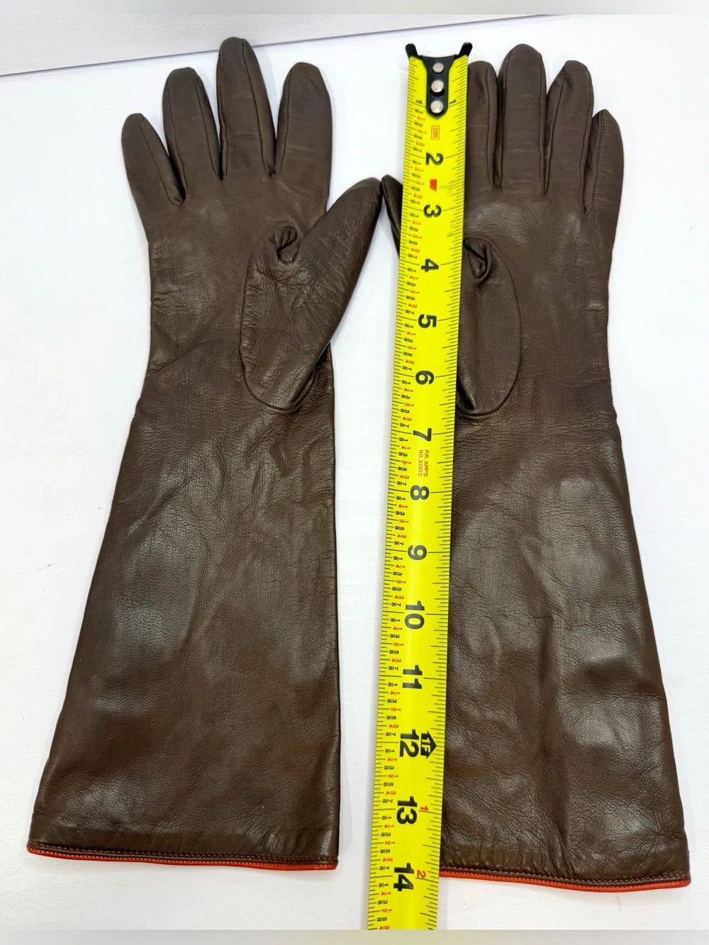 COACH Made in Italy Brown Leather Opera Long Gloves Brass Turnlock Size 7  14”